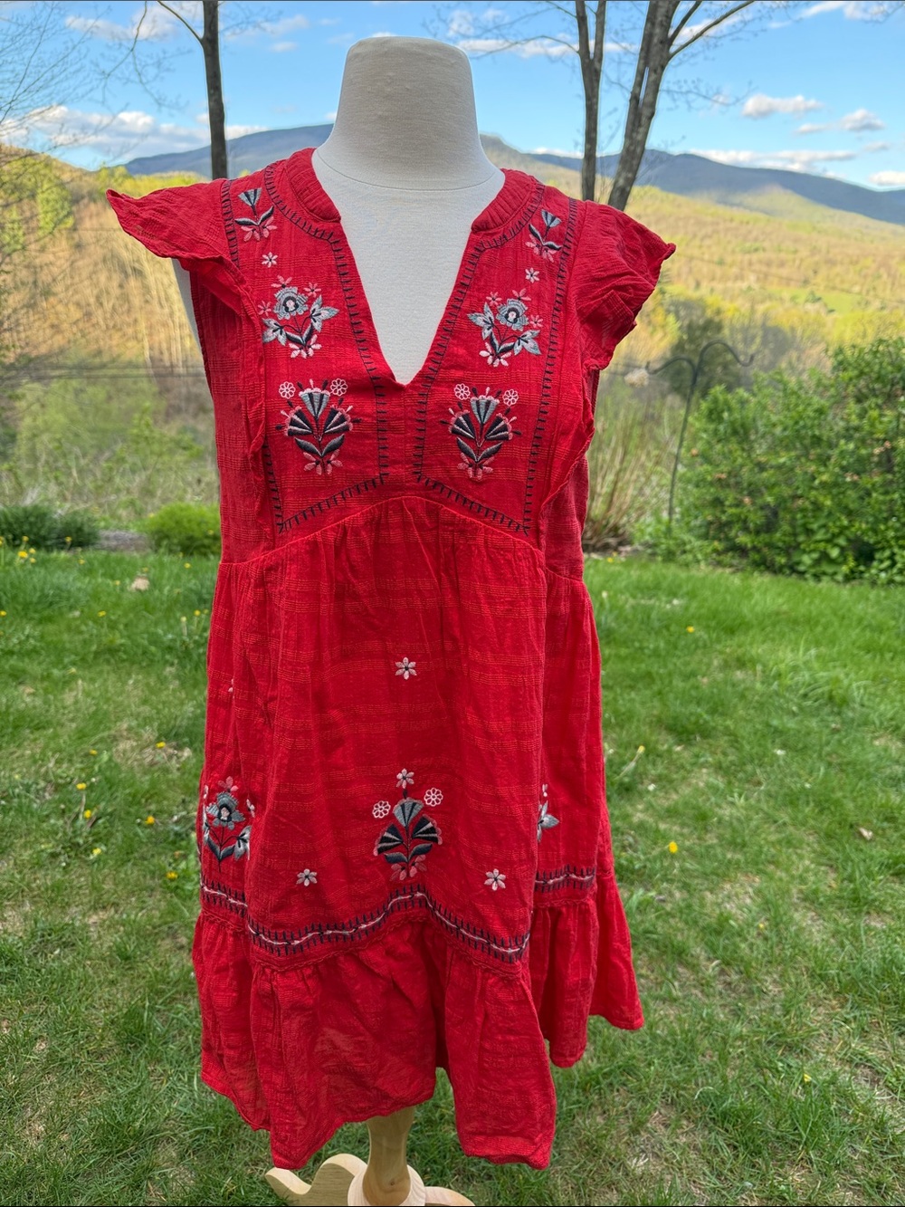 Red Embroidered Cotton Sundress - Women